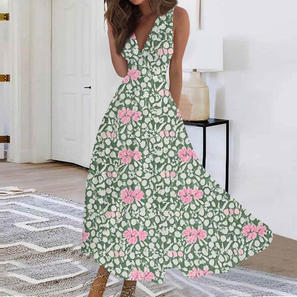 Женские модные повседневные свободные платья с V-образным вырезом без рукавов с принтом