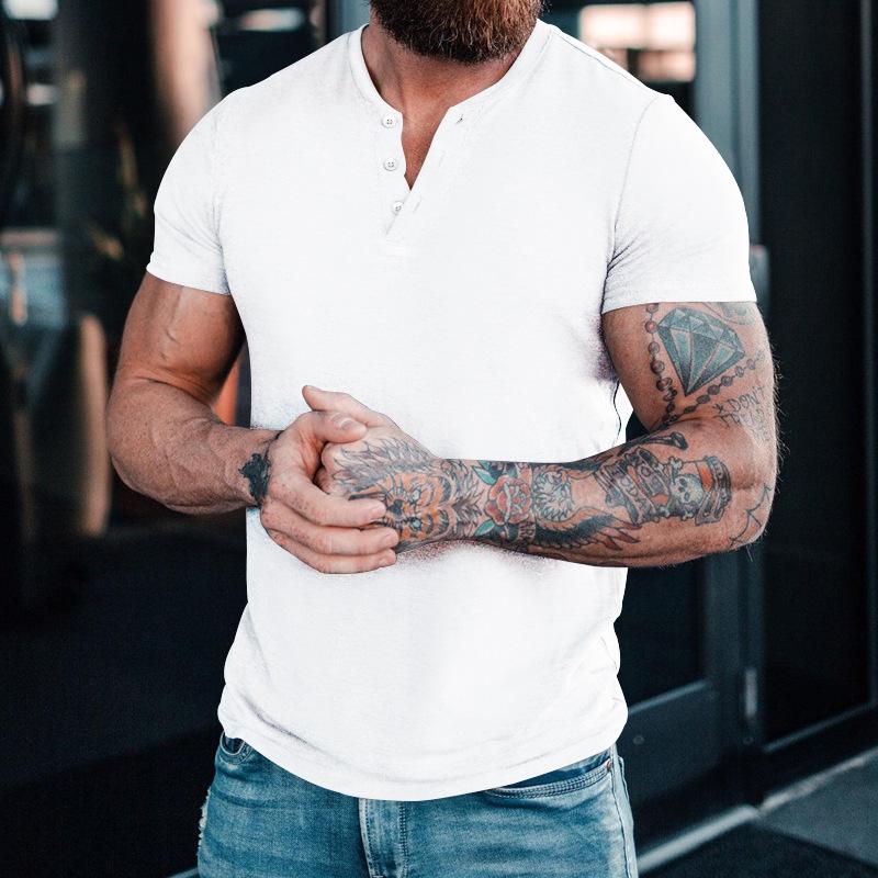 Мужская летняя повседневная однотонная футболка-henley с коротким рукавом