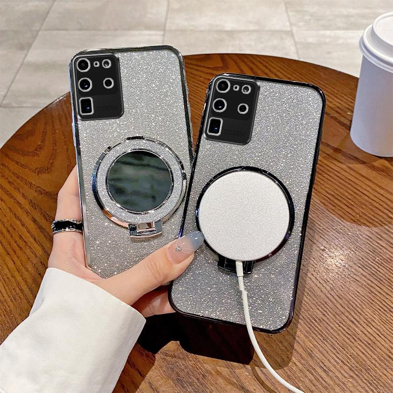 S20 Mirror Luxury Glitter Magnetic Bracket Case For Samsung Galaxy S20 Ultra S20 Plus Plating Soft Bumper Cover S20 FE Cover