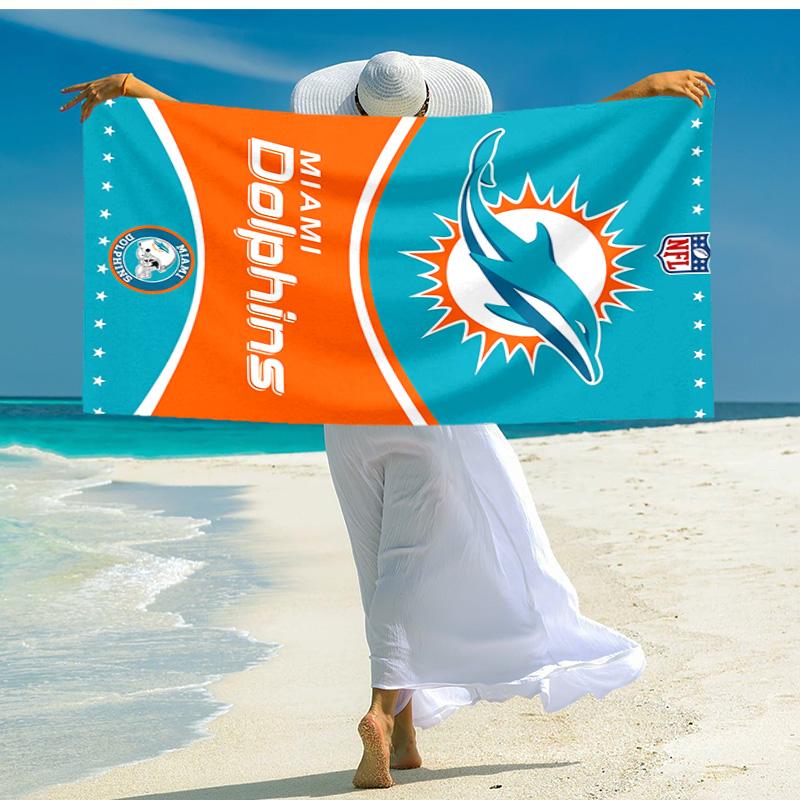 proof beach towel with Miami Dolphins logo pattern - soft,absorbent,quick-drying,machine washable - perfect for swimming,camping,bathing