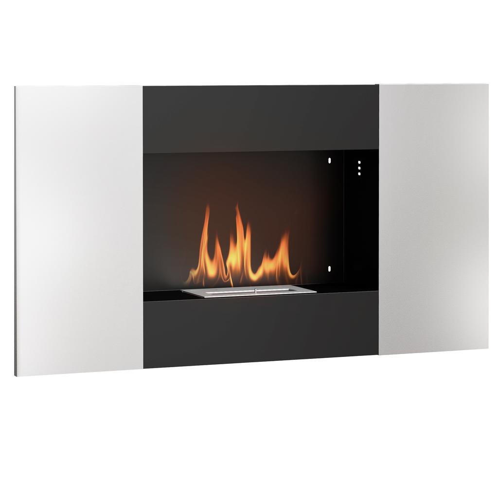 0.9L Wall-Mounted Bioethanol Fireplace in Stainless Steel, 100x15x54 cm, Black and Silver