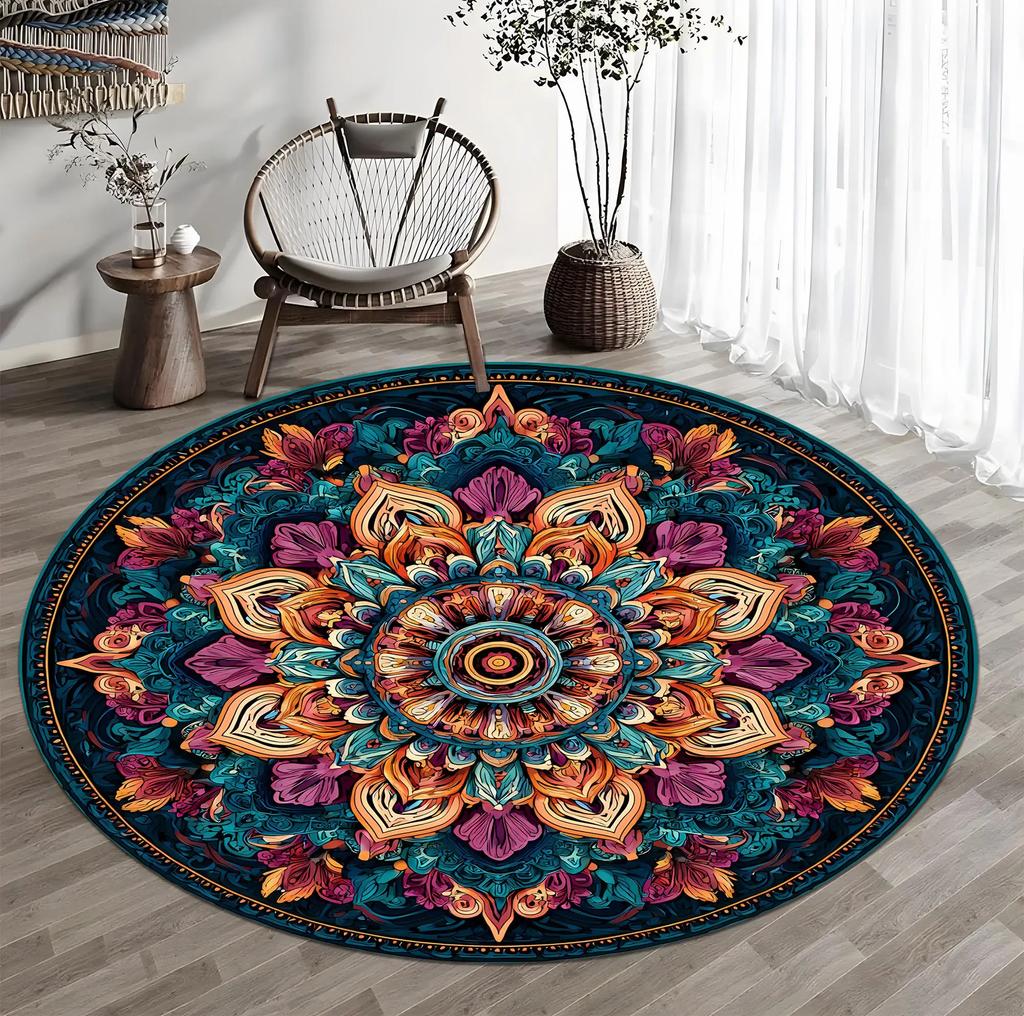 Vintage Blue Medallion Floral Oriental Persian Non Slip Round Rug Traditional Farmhouse Entryway Decor Floor Carpet