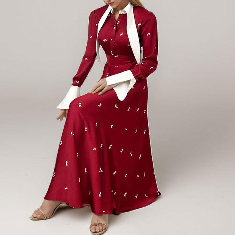 Женская одежда 2025 года, новый темперамент, элегантный дизайн с принтом, длинное платье с лацканами, большой маятник, осенне-зимнее платье