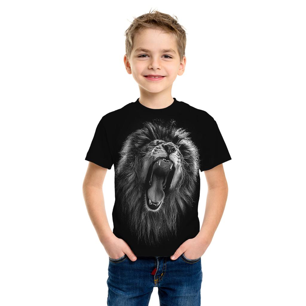 Summer Round Neck 3D Animal Lion Pattern Printed Top Fashionable Casual Short Sleeved Children's Boy T-shirts