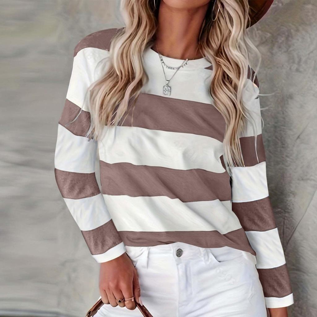 Women's Fashion Casual Striped Printed Round Neck Long Sleeve T-shirt Top