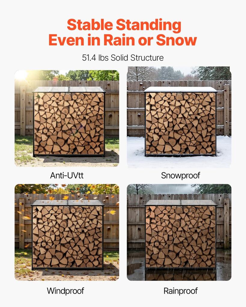 Firewood Rack with Sloped Roof, 1.85m Outdoor Firewood Holder, 1/4 Cord Log Storage Shed, 299kg Max Weight Capacity, Powder-Coated Metal Wood Storage