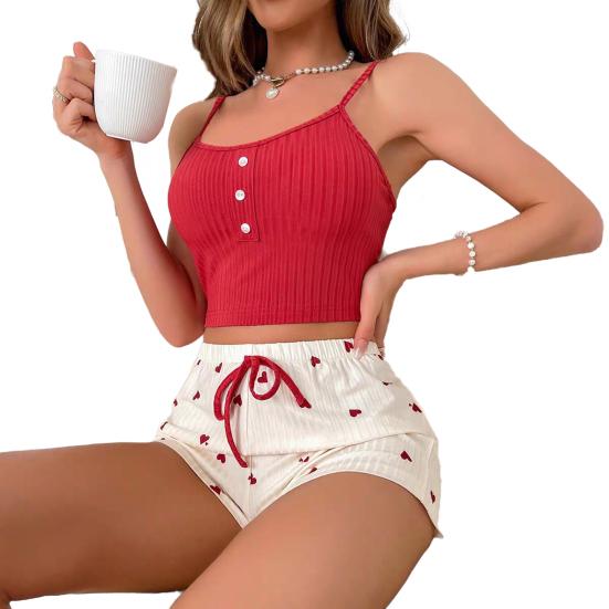 Women's Cami Pajama Set Summer Sleeveless Crop Top And Heart Print Shorts Sleepewear 2 Piece Ribbed Knit Pjs Lounge Set