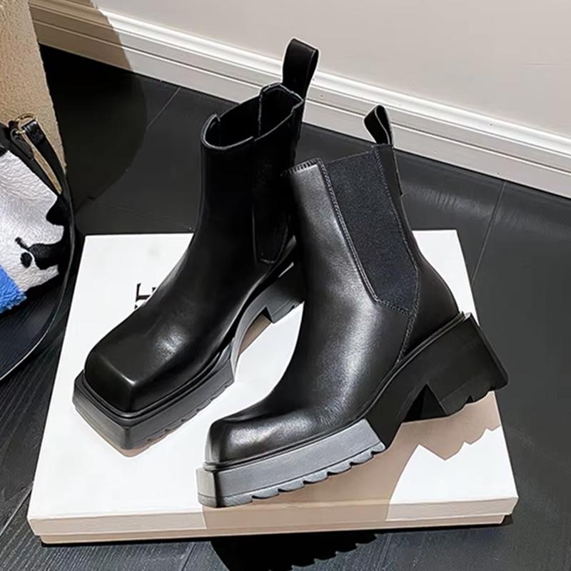 Black Leather Chelsea Boots Women Luxury Square Toe Thick Sole Non-Slip Ankle Boots Cozy Chunky Heel Platform Shoes
