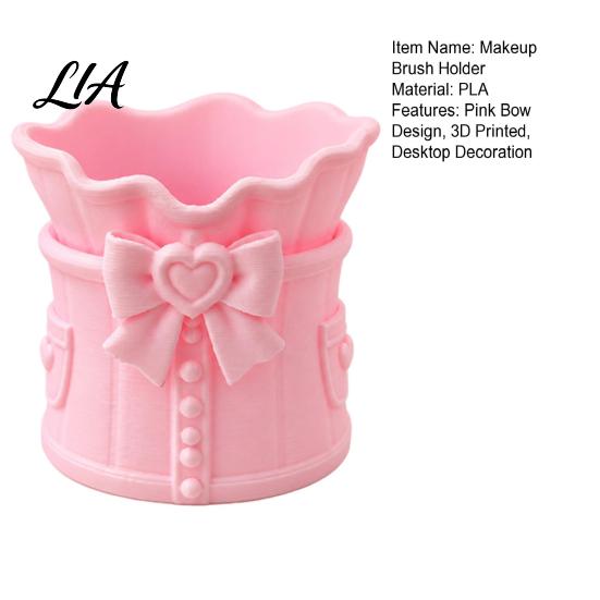 Desktop Storage Container Pink Bow Makeup Brush Holder, 3D Printed Desk Organizer, Cosmetic Pen Cup Brushes & for Vanity Decoration Organizer