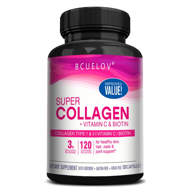 Bcuelov Super Collagen Type 1 & 3 Capsules, with Vitamin C & Biotin, Hydrolyzed Bovine Collagen, Dietary Supplement, 120 Capsules