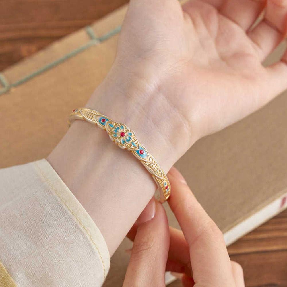 Цветок Эмаль Лотос Ручной Браслет Ручные Украшения Ретро Открывающееся Ручное Кольцо Студент