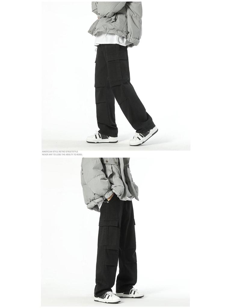 LKTM Мужские свободные джинсы в японском стиле с широкими штанинами и множеством карманов - модный прямой плиссированный комбинезон