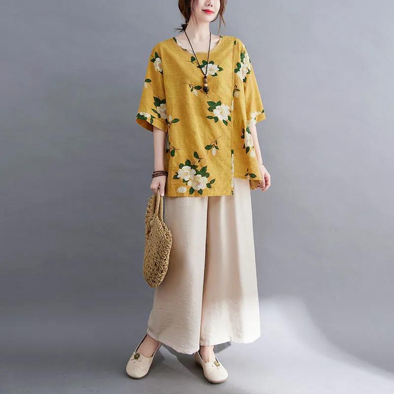 Брючный костюм женский хлопковый льняной повседневный тонкий топ с коротким рукавом удобные брюки комплект из двух предметов