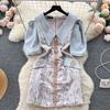 Fashion Autumn Print Beading Denim Vintage Party Dresses Women V-neck Puff Sleeve Mini Short Dress