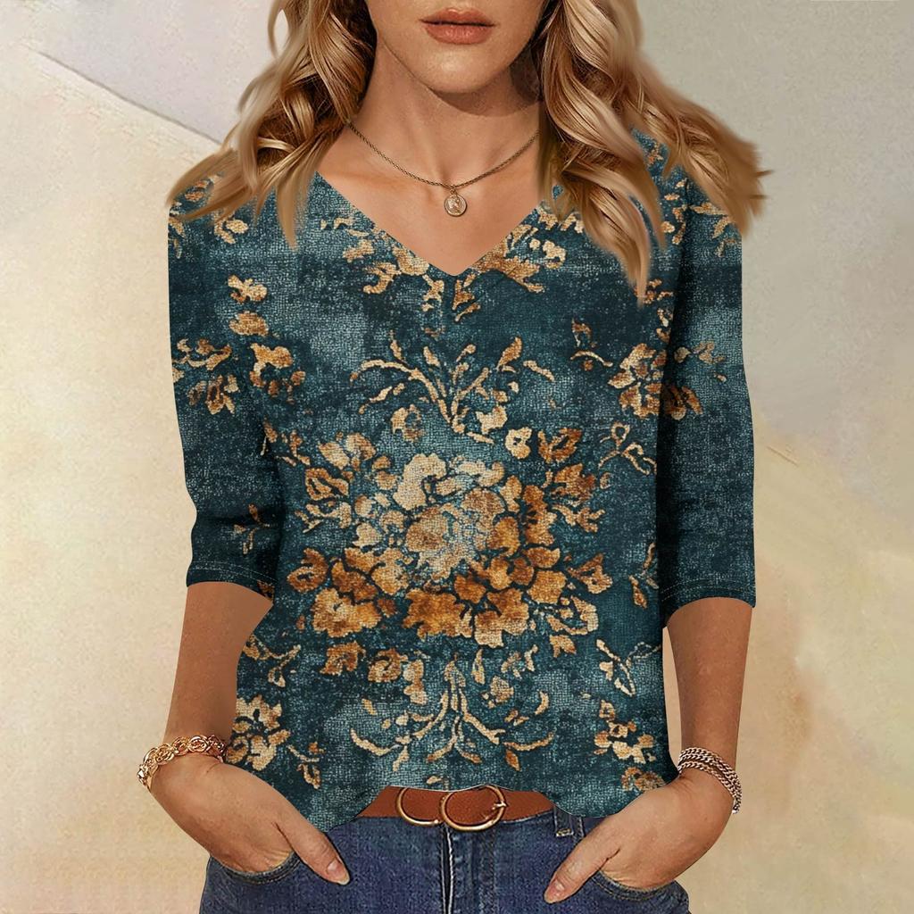 Women's Tops Three-quarter Sleeve Shirt V-neck Loose Casual Shirt Floral Print T-shirt
