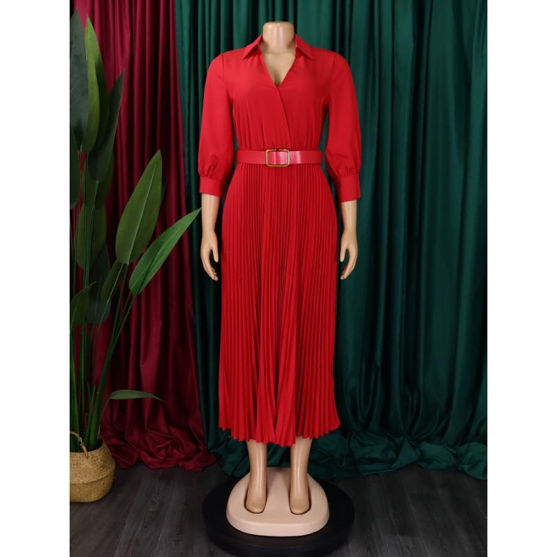 Women Elegant Solid Color Dress Tunic Dress Midi Dress with Belt Sexy V Neck Shirt Dress Plus Size