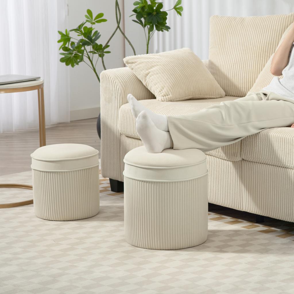 2 Piece Set Storage Stool Ottoman With Lid Round Footrest With Velvet Look 36 X 36 X 41.5 Cm Cream White