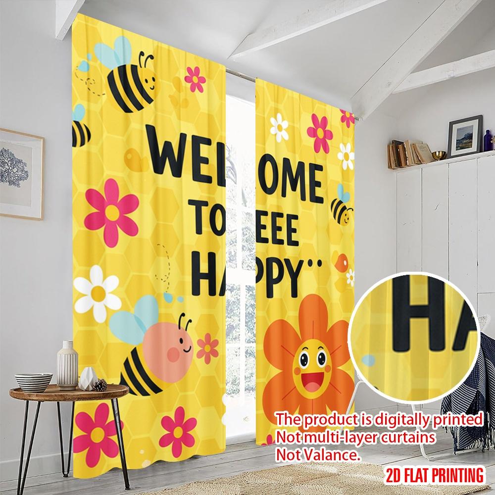 2pcs 2D Flat Printing Window Curtains Welcome Bee Happy Flowers Polyester Without Electricity Party Decorations for Room Decor