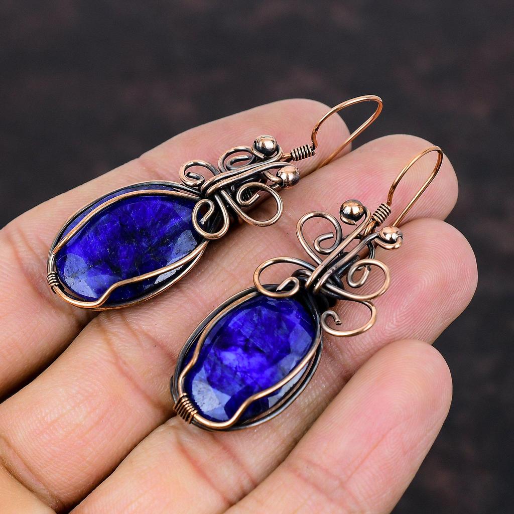 Серьги с граненым синим сапфиром, обернутые медной проволокой, серьги ручной работы, изящные драгоценные камни, серьги в обертке из медной проволоки, подарок для матери