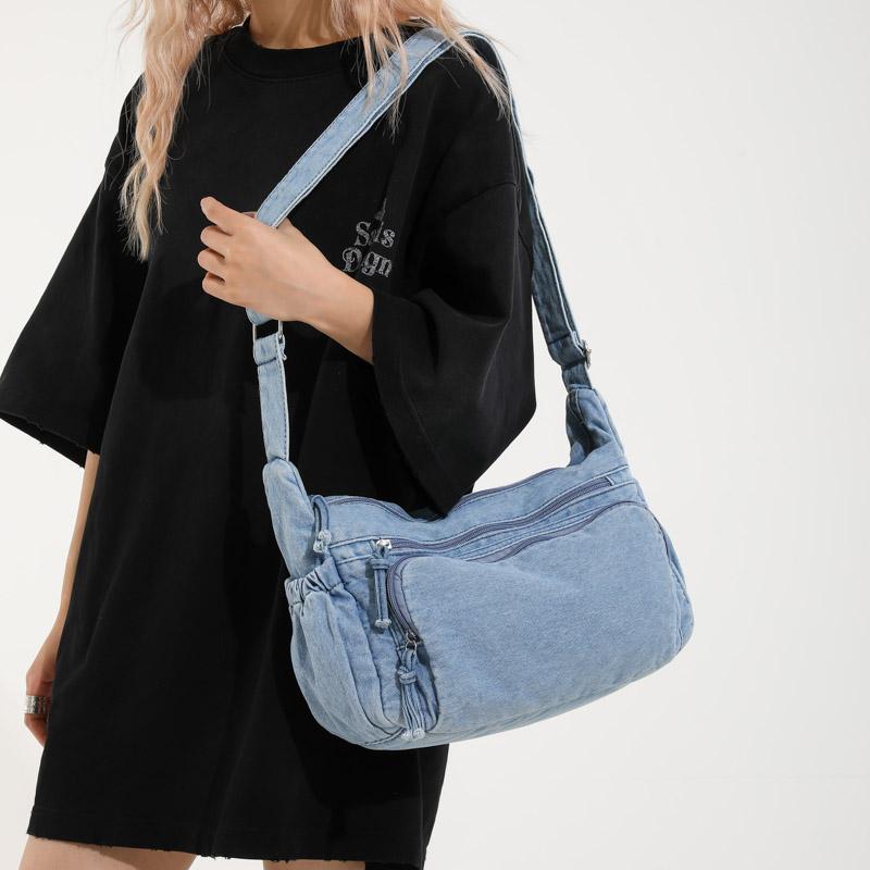 Vintage Denim Shoulder Bag Women's Large Capacity Messenger Bag Adjustable Strap Ladies Crossbody Bag Multi-pockets Satchel Bags