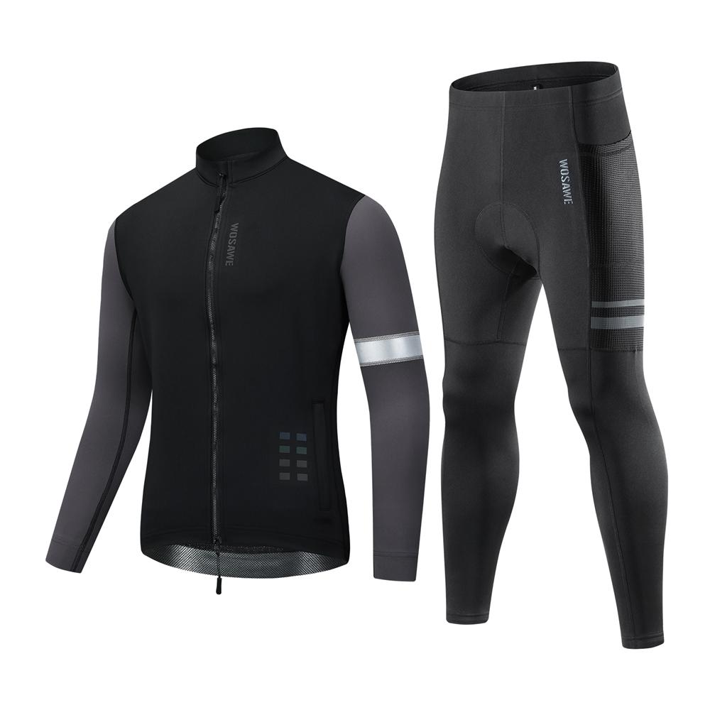 Wosawe Winter Men Cycling Set Thermal Fleece Soft Shell Jacket High Stretch Bicycle Riding Long Pants Warm Outdoor Sports Wear