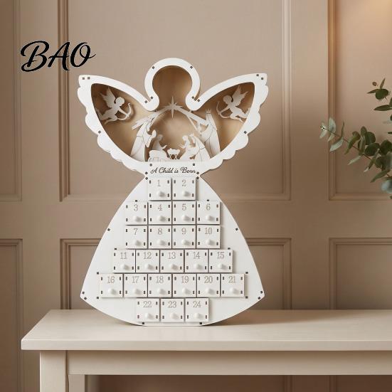 Christmas Ornament Box Wooden Angel Advent Calendar with 24 Storage Drawers, Countdown to Tabletop Decoration for Winter Holiday Party Favors Decor