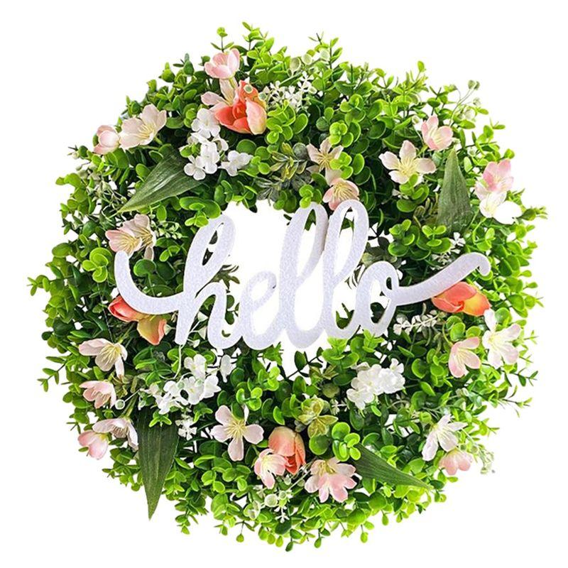 AAAF Венок с алфавитом Зеленые искусственные венки со знаком Hello Цветочный венок для входной двери стены окна Праздничный венок