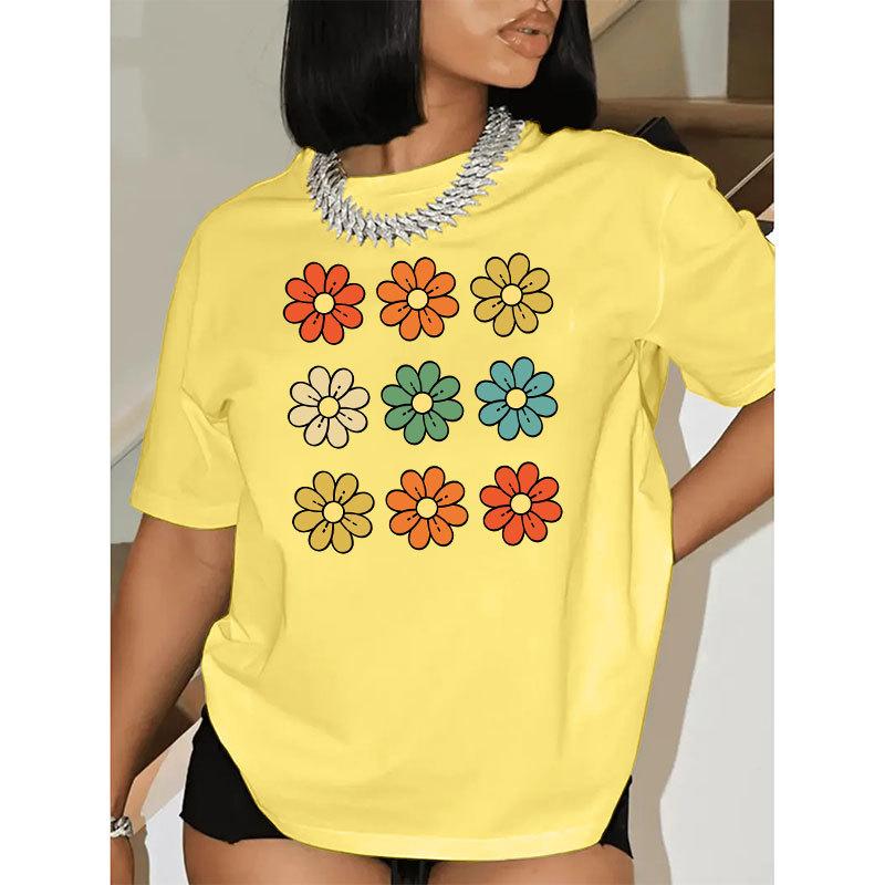 Summer Round Neck Floral Print Top Fashionable Casual Short Sleeved Women's Pure Cotton T-shirts