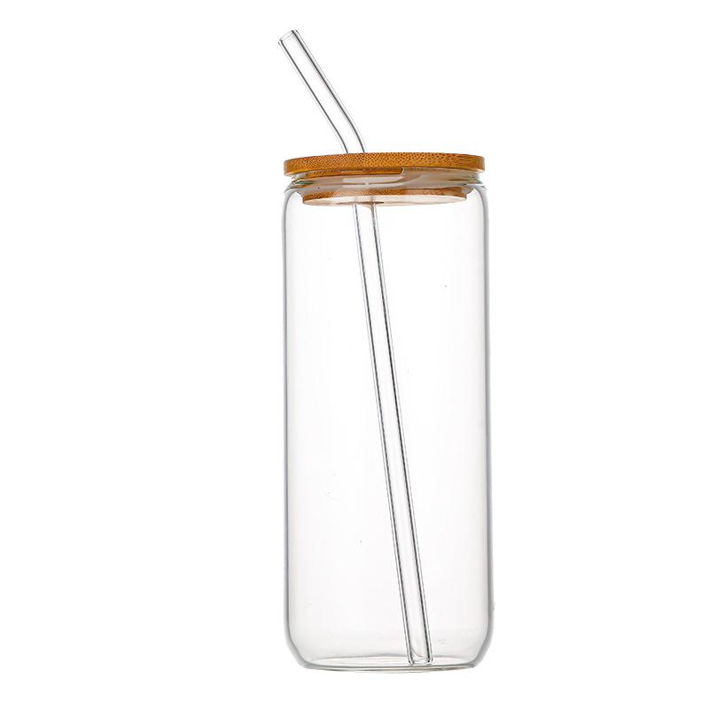 450/550ml Glass Cup with Wooden Lid and Straw Travel Transparent Bubble Tea Cup Milk Beer Can Cocktail Mug Beverage Glassware
