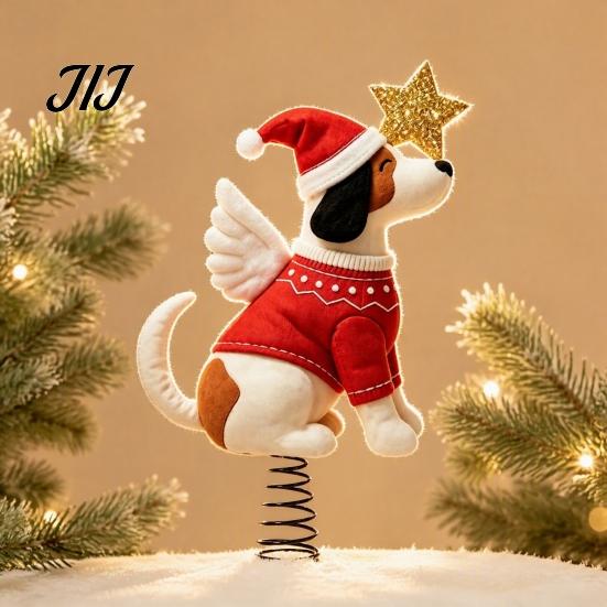 Soft Stuffed Puppy Doll Felt Dog Christmas Tree Topper, Plush Angel Treetop Ornament with Unique Gift for Lovers Santa Hat And Glitter Star Xmas Tree,