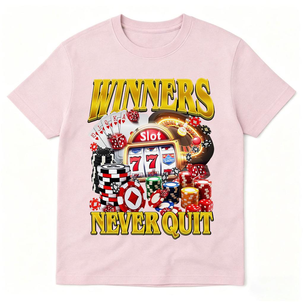 Winners Never Quit Funny Gambling T-Shirt, Vintage Bootleg Casino Meme Tee Shirt Slot Machine Poker Chips Retro Vegas T Shirt
