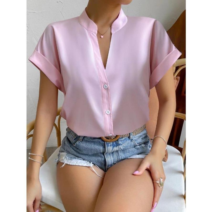 YYFS Women's Fashion Casual Summer Spring Solid Color Print Short Sleeve V-Neck Blouses & Shirts