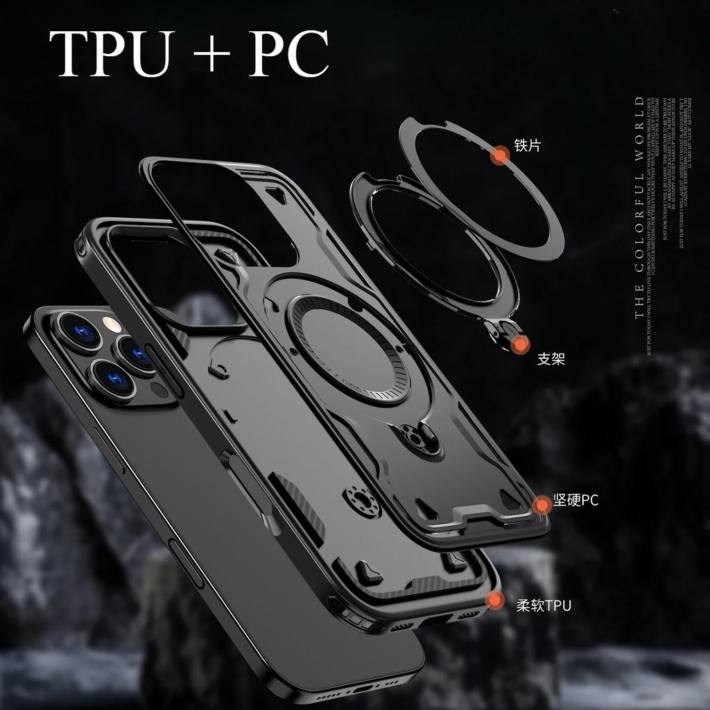 Противоударный бронированный чехол для iPhone 16 15 14 Pro Max 12 13 360° поворотный магнитный складной держатель с металлическим кольцом Magsafe