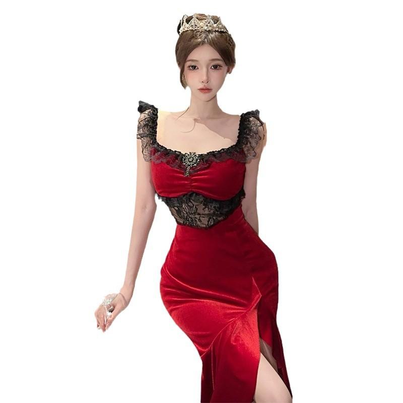 Женское платье-платье Celebrity Velvet Lotus Leaf Split