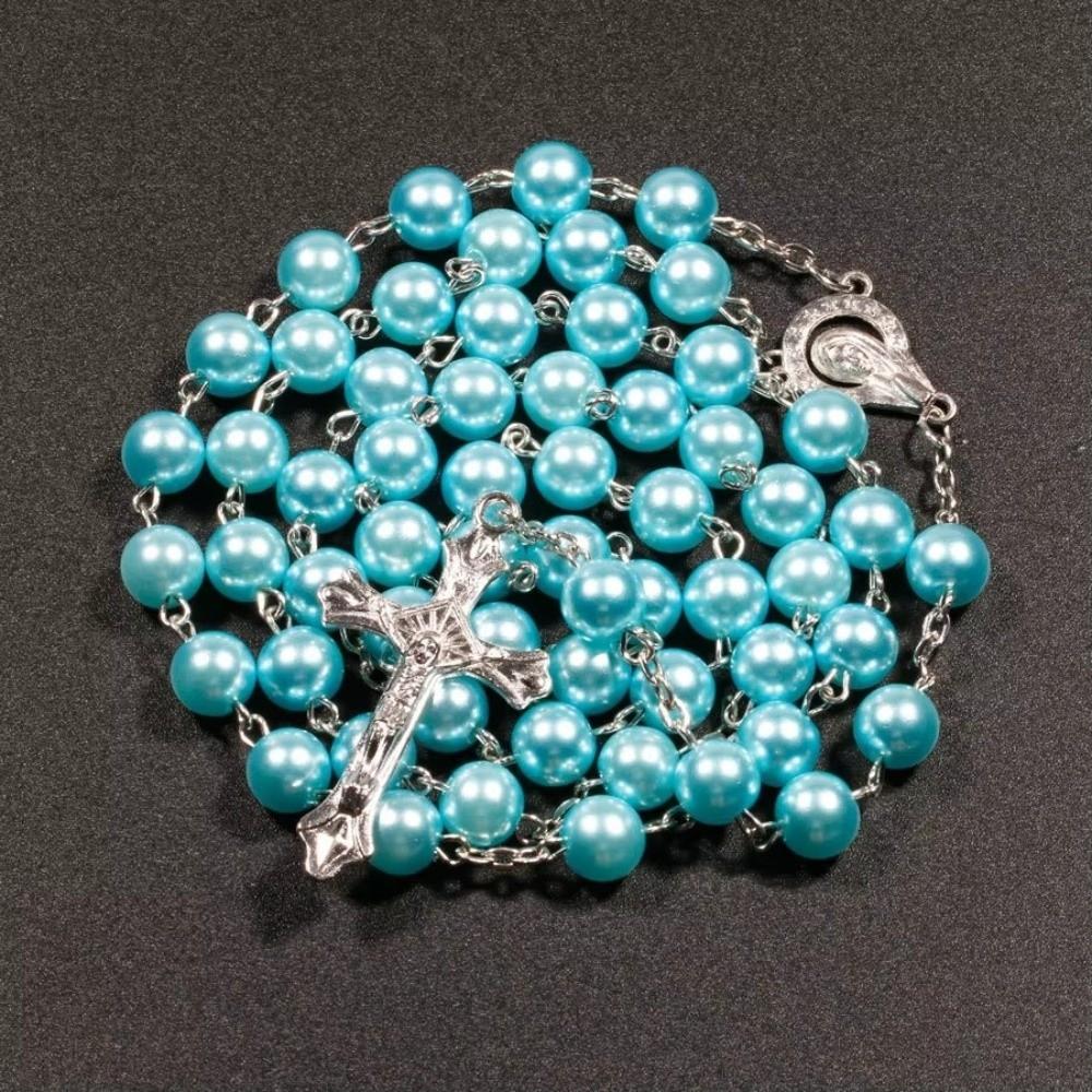 Imitation Pearl Rosary Beads Pendant Chain Vintage Style Religious Pendants Catholic Rosary