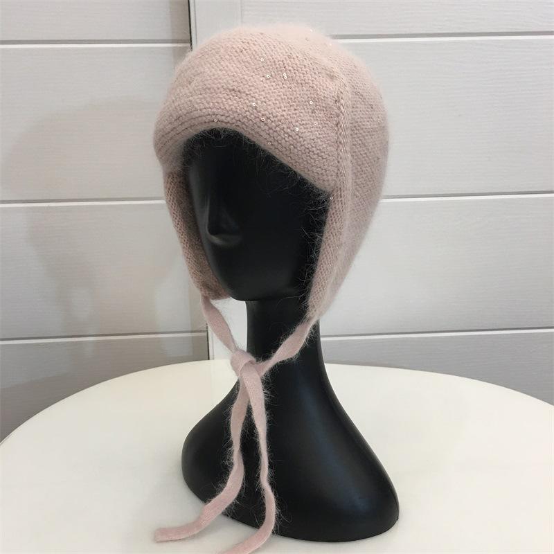 Огромная милая зимняя утолщенная вязаная шапка-ушанка из кроличьего меха для девочек, студенческая, ветрозащитная, теплая, с защитой ушей, шерстяная