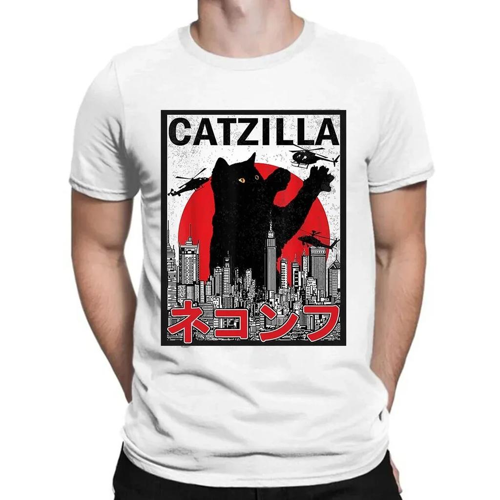 Футболки Catzilla Monsters Котёнок Мужские Женские С Круглым Вырезом Чистый Хлопок Аниме Черный Кот Повседневные С Коротким Рукавом Парные Топы
