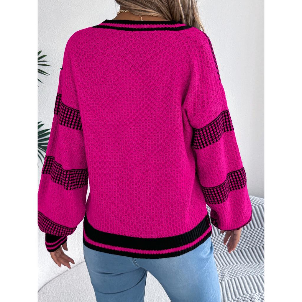 GMXIA Autumn Winter V-neck Contrasting Color Striped Lantern Long-sleeved Pullover Sweater Women's Wear