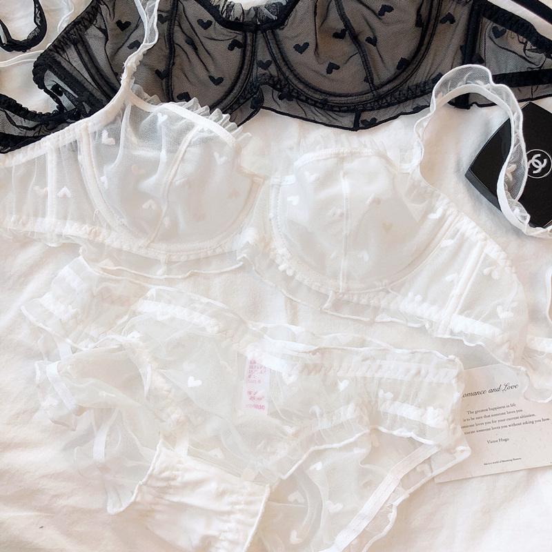 French Ultra Thin Lace Lingerie Sexy Love Embroidery Bra Set for Women Underwear Summer Breathable Plus Size CD Cup Brassiere