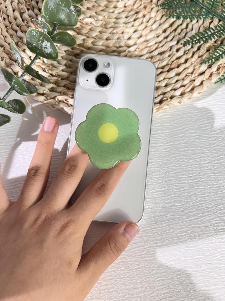 Cartoon Floral Pattern Transparent Phone Stand Foldable Ring Buckle Stand Green