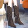 Fashion Women's Boots Suede Long Tube Fashion Women Side Zipper Thick Heel Fringed Boots High Quality Pointed Low Heel Boots Botas Mujer