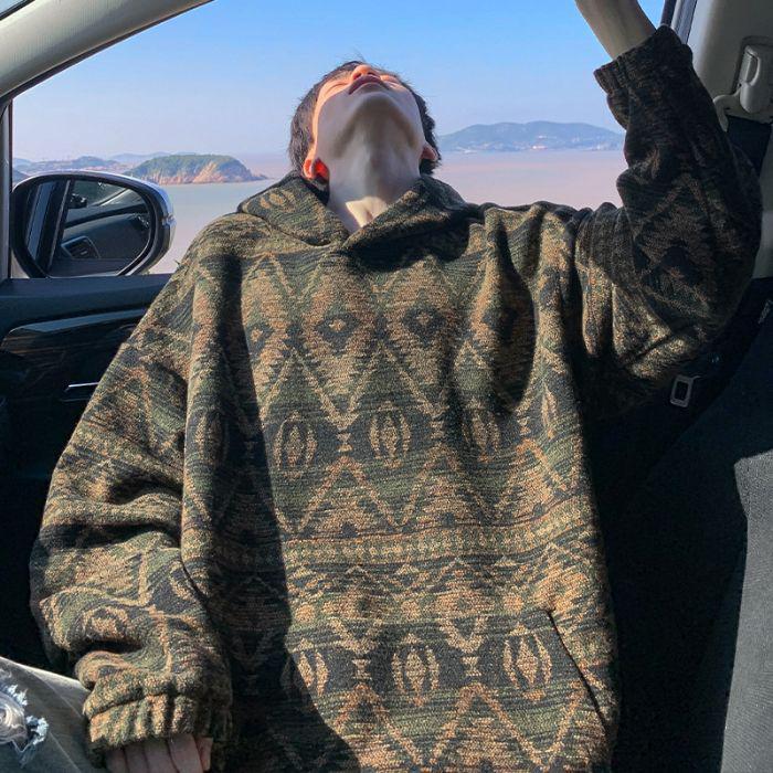 Мужская толстовка с капюшоном в этническом стиле с флисовой подкладкой - Осенне-зимний тренд