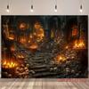 1 piece of 2D flat party banner with a gothic castle background - large skull and flame-themed gothic castle.PMJ