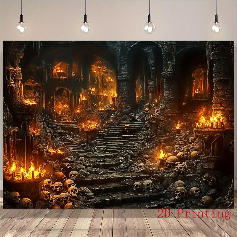 1 piece of 2D flat party banner with a gothic castle background - large skull and flame-themed gothic castle.PMJ
