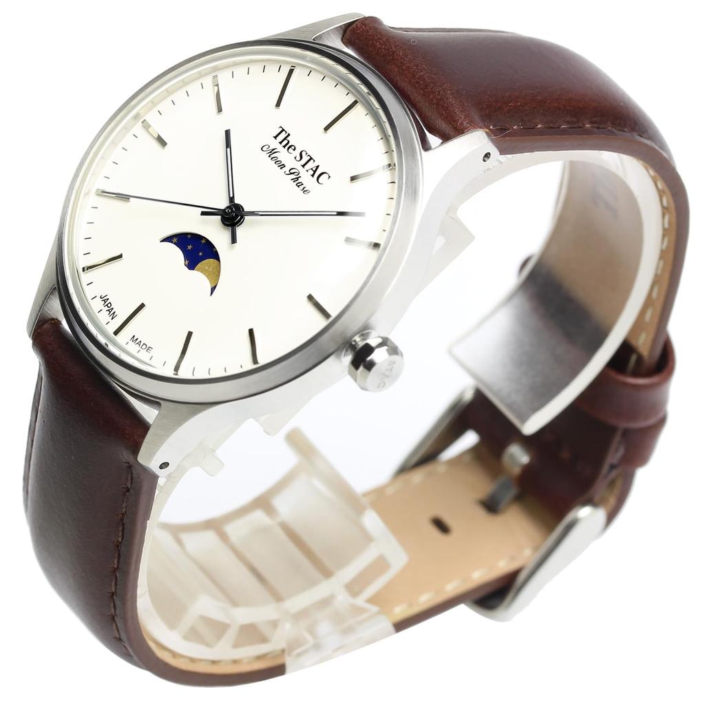 [The Stack] The STAC Made in Japan Domestic Watch 36mm Antique Retro Men's Women's Unisex Moon Phase Bar x White Brown ST-MF001