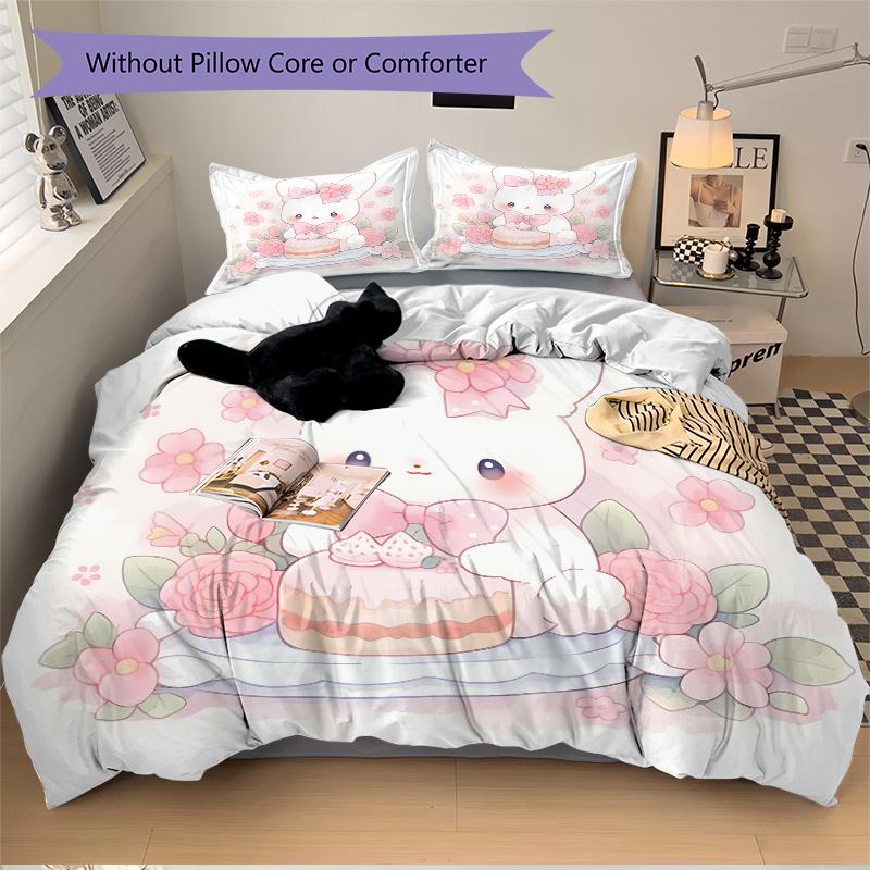 3pcs Cake and Cute Bunny Print Cover Set Ultra Soft, Breathable, and Comfortable Bedding with Stylish Design for Bedroom and Guest Room Decor 1 C