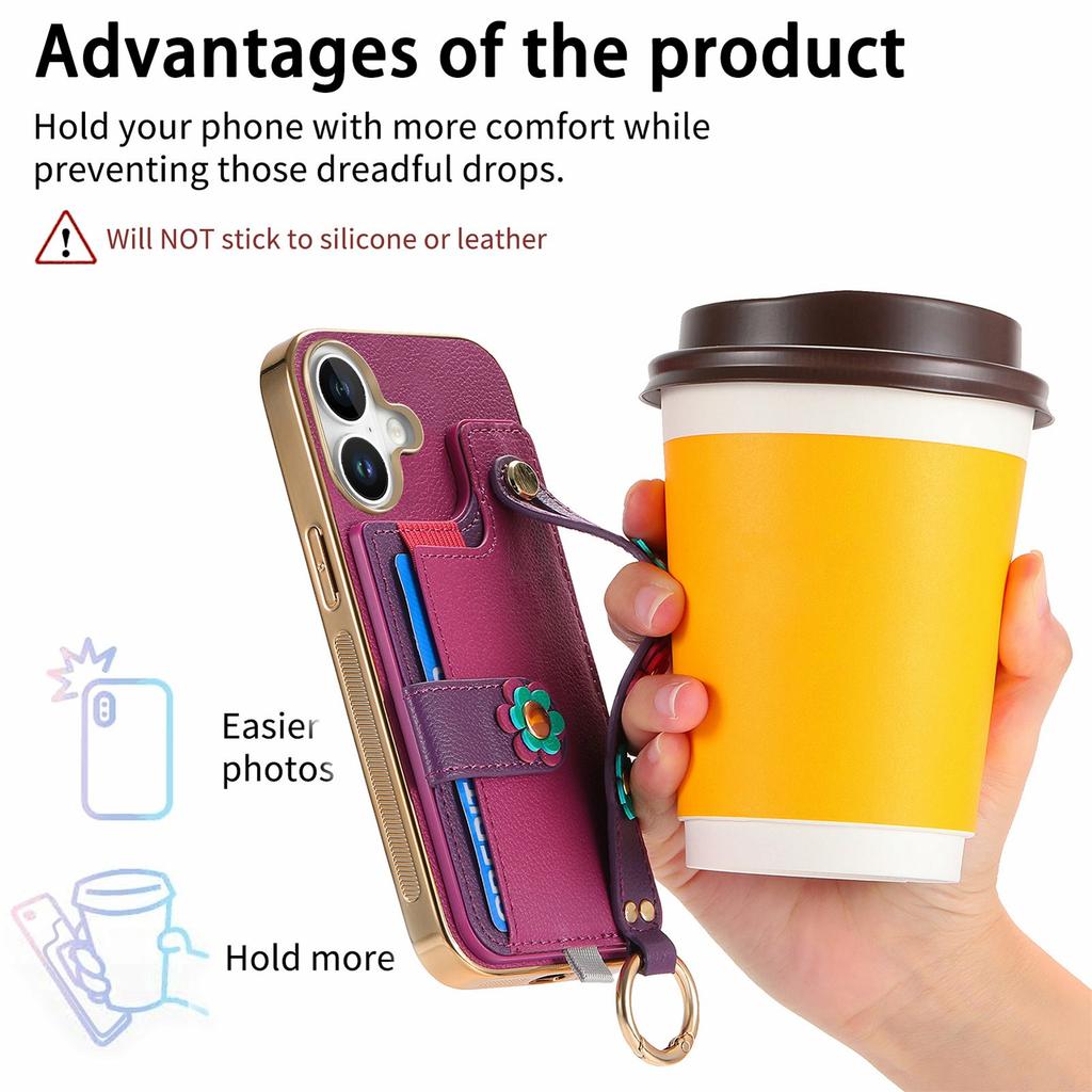 For iPhone 16 Case Card Holder Leather Back Cover 3D Flower Wristband - Purple