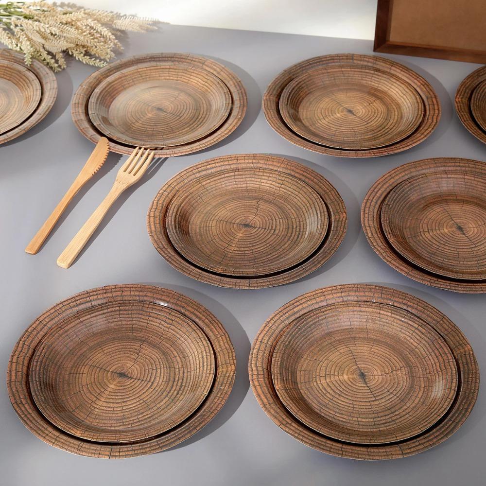 10pcs Round Imitation Wood Grain Disposable Plate Vintage Paper Food Tray Disposable Dish Picnic