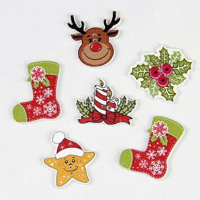 50Pcs/Bag 2-Holes Mix Christmas Star, Wood Christmas Decorative Buttons Scrapbook