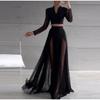 Trendy Two-piece Set Female Casual V-neck Black Long Sleeves Tops Fashion Wrap Hips A-line Mesh Skirts for Women